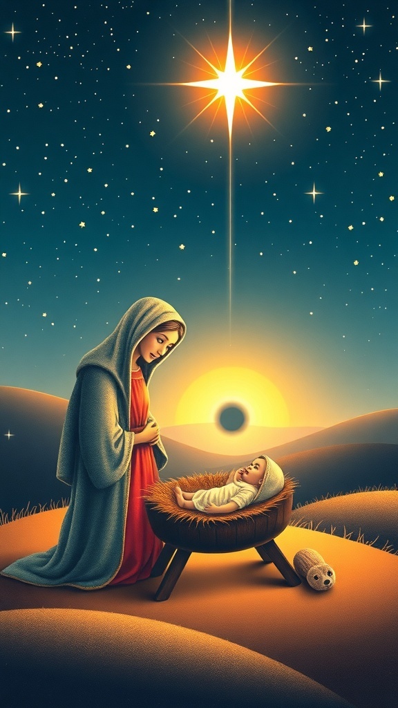 Christmas card depicting the Nativity scene with Mary, Joseph, and baby Jesus in a manger under a starry sky.